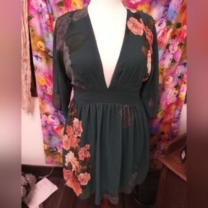 Chic Floral Deep Green Long Sleeve Dress